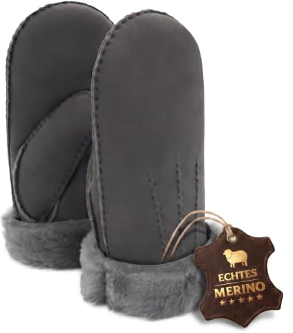 Rohn Moden Lammfell Fausthandschuhe, Fäustlinge Arber für Damen und Herrn aus 100% weichem spanischem Merino Schaffell in grau