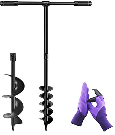 LONGRUN Garden Auger Drill Bit Set, 4 & 6 Manual Fence Post Earth Auger Drill with Non-Slip Handle and Gloves, 10cm & 15cm Soil Digger for Rapid Garden Planting Bulb, Seedling, Post Hole