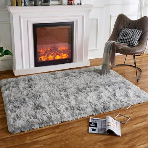 HARESLE Hellgrau Plüsch Hochflorteppich 90x160cm rutschfest Teppiche | Flauschig, Hochflor 4-5 cm, Hochwertiger Schwamm, für Wohnzimmer, Schlafzimmer, Kinderzimmer, Babyzimmer