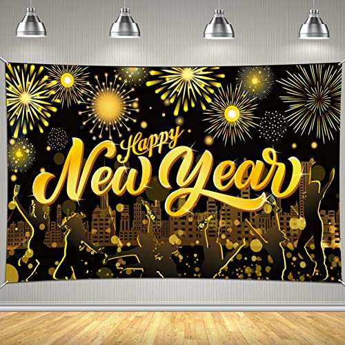 DPKOW 2026 Frohes Neues Jahr Banner Schwarz Gold, Großes Stoff Neujahrs Hintergrund Banner für 2026 Silvesterparty Dekoration, Frohes Neues Jahr Dekoration Champagner Feuerwerk Scheinwerfer, 185*110cm