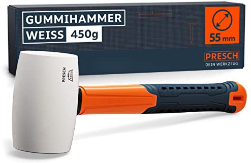 Presch Rubber Mallet 450g - Shatterproof Hammer With Fiberglass Handle - ⌀=55mm - Durable Soft White Rubber Head - No Residues Thanks to Natural Rubber