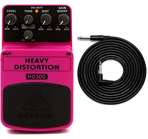 Behringer HEAVY DISTORTION HD300 Heavy Metal Distortion Effects Pedal & TIGER GAC42 Guitar Bass Keyboard E-Drums Lead - Straight/Angled - 6.35mm 1/4 Jacks - 3m Cable