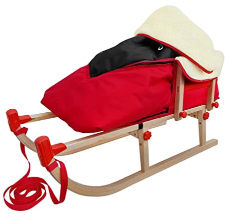 Davos Klappschlitten Kleiner Holzschlitten Zubehör wählbar V-22-090mit Lehne und Fußsack rot