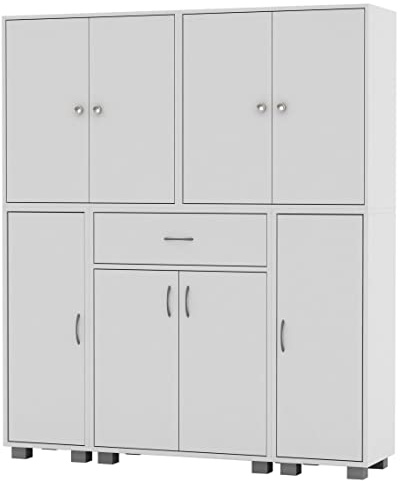 URBNLIVING Large Tall Freestanding Bookcase 12 Shelves 8 Doors 1 Drawer Bookshelf Shelving Cupboard Display Unit for Living Room Home Office Bedroom (White)
