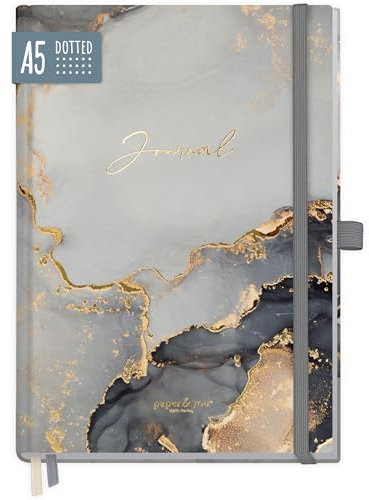 paper&you® Premium Journal dotted A5 Grey Marble Notizbuch gepunktet, 120g/m² dickes Papier, 188 nummerierte Seiten, Tagebuch mit Punkteraster - nachhaltig & klimafreundlich