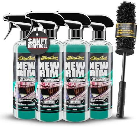 ShinyChiefs WHEELBRUSH Set- Weiche Mikrofaser Felgenbürste zur Reinigung hartnäckiger Verschmutzungen + 4X NEWRIM säurefreier Felgenreiniger mit extremer Löskraft - 40cm Bürste, 4X 500ml Reiniger