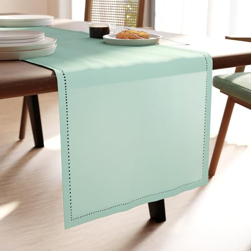 Encasa XO Tischläufer, Baumwolle, Hohlsaum, Modern 13x59 | Minzgrün, 180 GSM | Maschinenwaschbar | Strapazierfähig | Esstisch & Outdoor | Rechteckig