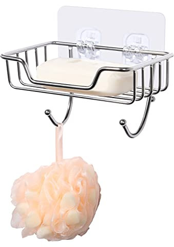 Seifenschale ohne Bohren, Uten Seifenhalter Edelstahl Selbstklebend mit 2 Haken, Schwammhalter für Dusche, Bad, Küche