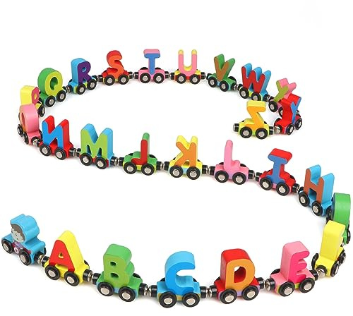 KABENFIS 27 PZ Alfabeti di Legno Treno Set Include 1 Motore Magnetico In Legno Treno Auto Giocattoli