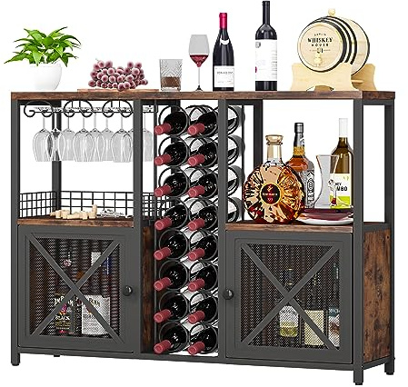 Homeiju Mini Bar per Casa, Mobile Bar in Legno per Caffè, Moderno Armadio per Liquori e Bicchieri, Armadio da Buffet in Stile Farmhouse per Vino con Credenza Portaoggetti per Cucina e Sala da Pranzo a