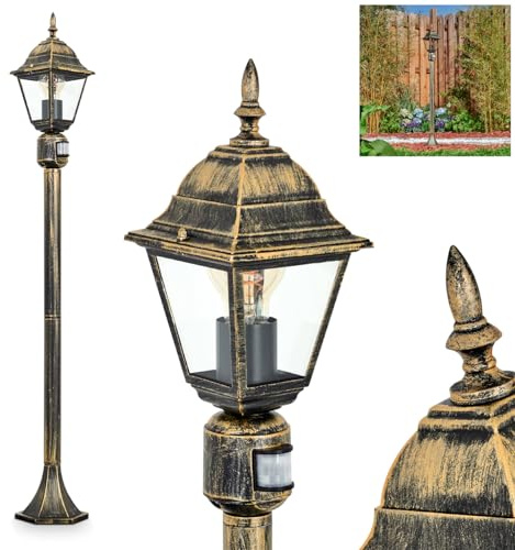 HOFSTEIN Außenstehleuchte Naofe, Außenwegeleuchte mit Bewegungsmelder aus Metall/Glas in Braun-Gold/Klar, Wegeleuchte im Landhaus/Antik/Vintage-Design für Garten, Außenbereich, Hof, 116cm, E27, IP44