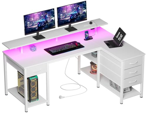 Seventable Computertisch L Form mit 4 Schubladen & Ablageflächen, Gaming Tisch mit LED & Steckdosen, Gaming Schreibtisch mit Monitorständer für Homeoffice, Schlafzimmer, Wohnzimmer (Weiß, 140 cm)