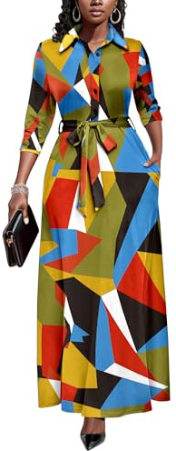 Runwind African Attire for Women Maxi Button Down 3/4 Sleeves Print Dress Casual with Pockets