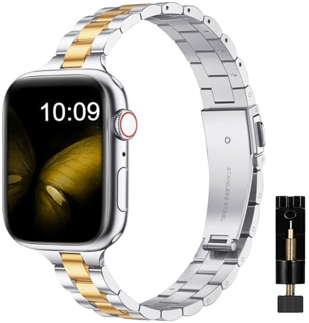 MaEiol Métal Bracelet pour Apple Watch 41mm /40mm /38mm /42mm(Series 11/10), Bracelets Acier Inoxydable Remplacement Business Hommes Femmes pour Apple Watch SE/Series 11 10 9 8 7 6 5 4 3 2 1,Argent&Or