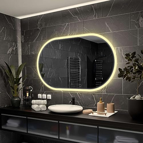 Alasta Hamburg Spiegel Gerundet mit Licht 130x100 cm WarmWeiß Badezimmer Spiegel mit Beleuchtung LED Badspiegel Wandspiegel Badezimmerspiegel mit Beleuchtung