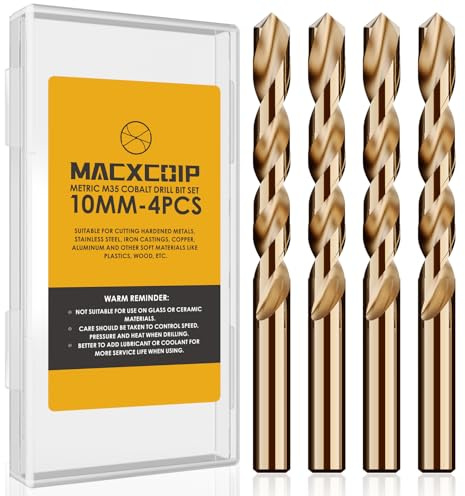 MACXCOIP Metric 4Pcs M35 Cobalt Drill Bit Set, 10mm HSS Cobalt Jobber Drill Bits, for Hardened Metals, Stainless Steel, Cast Iron and Wooden Plastics