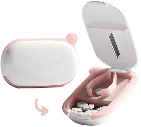 MURRI&MURRDI Petit coupe-pilules et organisateur pour petites ou grandes pilules, coupe-médicaments portable pour sac à main, porte-pilules pour vitamines, comprimés, médicaments, rose