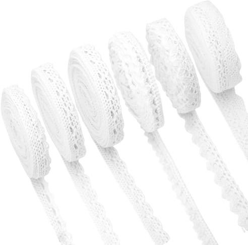 VOSSOT 6 Rollen Spitzenband Weiß Vintage Spitzenborte Zierborte Spitzenborte Spitzenborte für Hochzeit Party Ostern Weihnachten Tischdeko Handwerk