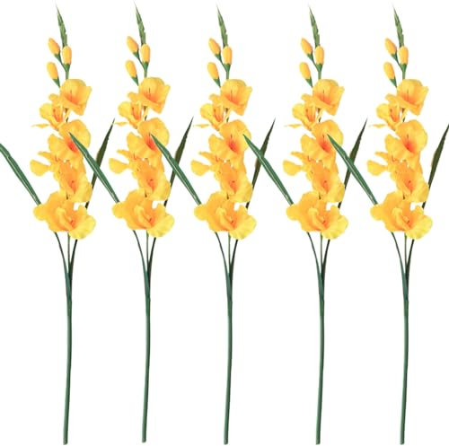 KDAMGOQE Gladiolus Gladiolus Artificial Flowers 5Pcs 25.6 Long Stem Realistic Gladiolus with 3 Buds and 7 Flowers Low Maintenance Decorative Faux Greenery for Home Wedding, Yellow