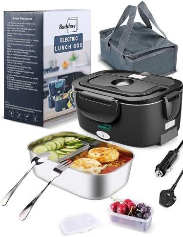 Buddew Electric Heated Lunch Box, 80W Fast Heating, 1.5L Food-Grade 304 Stainless Steel, 12V/24V/110V Portable Food Warmer for Car Truck Office Adults, Lonchera Electrica Portatil (Black)