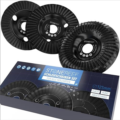 Holz Schleifscheibe 125mm [3 teiliges Set für Winkelschleifer] - Lackfräse - Holzfräser - Wurzelfräse - Diamant Schleifscheibe für Schleifen, Fräsen, Schnitzen