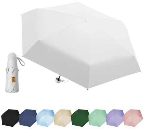 EEPLUYTY Ombrelli Portatile Con 6 Nervature, 6 Stecche Portatile Mini Ombrello Da Tasca, Ombrello Pieghevole Manuale Compatto Comodo e Portatile, Anti-Tempesta Ombrello Piccolo -Bianco Chiaro
