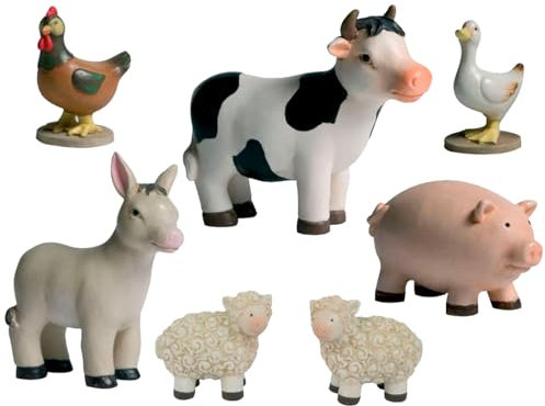 Acan Tradineur - Set de 7 Figuras de Animales para Belén - Vaca, Burro, Gallo, Pato y 2 ovejas - Adorno Divertido para Nacimiento, Navidad, decoración Tradicional