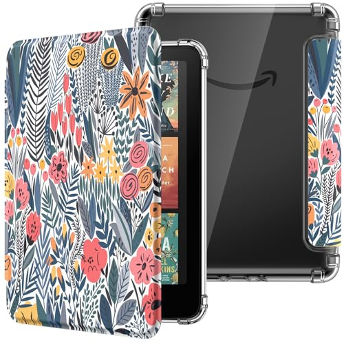 MoKo Funda para 7 Kindle Paperwhite 12th Generation 2024&Kindle Colorsoft Signature Edition, Cubierta Ultra Delgada Estuche Carcasa TPU Transparente Trasera Auto Activación/Reposo, Flor de Hoja Azul