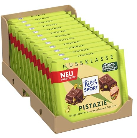 Ritter Sport Pistazie, Vollmilchschokolade mit feinen Pistazienstückchen, Schokoladen-Klassiker, perfekt zum Naschen und Genießen, Geschenkidee, 12 x 100g Tafeln