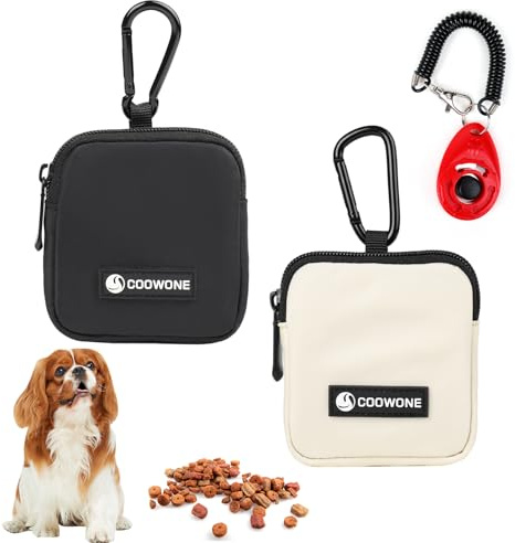 COOWONE Dog Treat Pouch 2 Pcs with Training Clicker, Waterproof Small Dog Treat Bag for Lead, Hands Free Dog Walking Bag with Carabiner, Dog Poop Bag Holder for Pet Puppy Travel or Outdoor Use