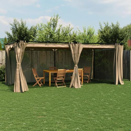 ShGaxin Pavillon mit Vorhängen Taupe 6x3 m Stahl, Faltpavillon, Pergola, Partyzelt, Standmarkise, Sonnenzelt, Garten Pavillion, Grillpavillon - 4003922