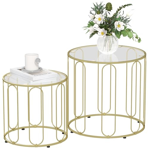 HOMCOM Round Coffee Table Set of 2 Glass Nest of Tables Gold Tone