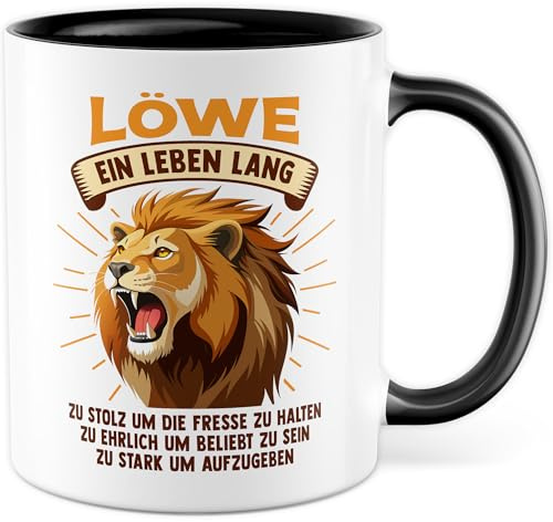 Tasse lustiger Spruch mit Löwe – Geschenk LÖWE EIN LEBEN LANG - ZU STOLZ UM DIE FRESSE ZU HALTEN – Kaffeetasse 330ml aus Keramik – Sarkasmus Witz Humor lustiger Kaffee-Becher