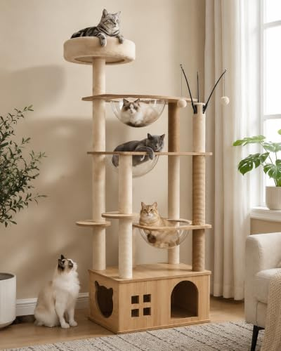 Mekidulu 170 CM Wooden cat Tree with cat Condo, Cat Stairs Scratching Posts, 3 Bowl,Toys,Sisal Scratching Posts and Top Perch.Cat Tree for Large Cats.(M07)