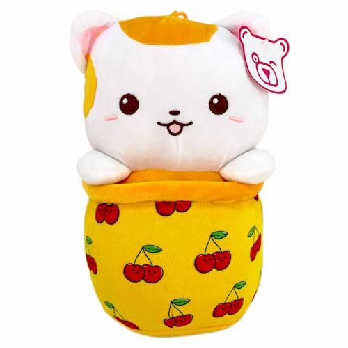 BEMIRO Katzen Kuscheltier im Bubble Tea – 25 cm – Kawaii Style mit gesticktem Gesicht & Schlaufe zum Anhängen (Gelb)