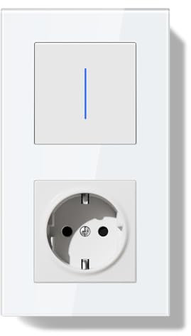 BSEEDLIFE Enchufe con Interruptor,Interruptor Pared Conmutador Empotrado con Marco de Cristal con LED Indicador,1 Gang 1 Vía,Fácil Instalación Diseño de Gancho de Garra 157 * 86mm Blanco