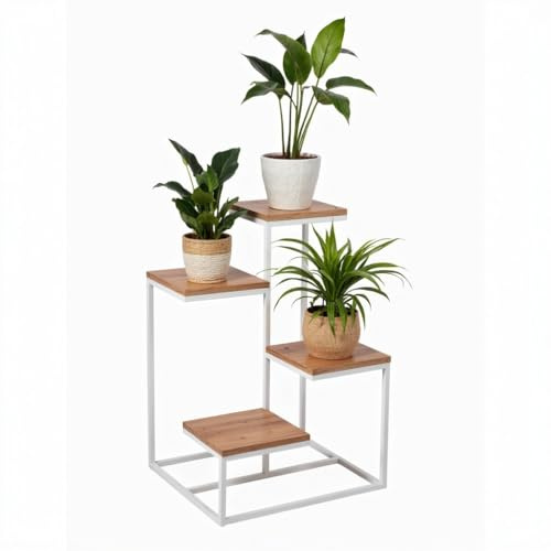 FRAMADO - Pflanzenständer Quattro Piccolo - 4 Etagen - 40x40x82cm - Farbe Weiß - für Blumen im Innenbereich - Metallregal - Dekorativer Tisch - Blumenständer