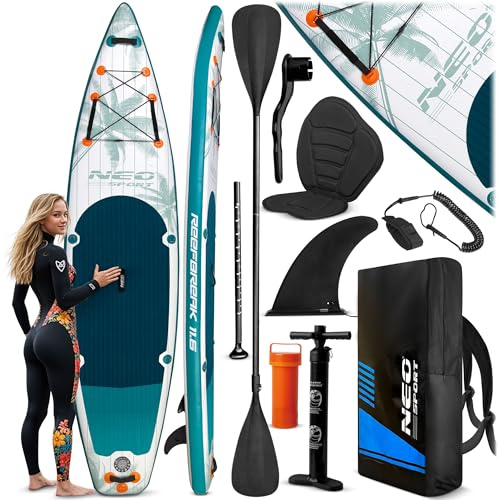 Neo-Sport Stand Up Paddle Board SUP Aufblasbar 350 cm Mit Zubehör Sitz Handpumpe Paddel Reefbreak Weiß Blau Grau