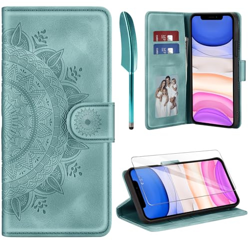 ivencase für iPhone 11 Hülle und Schutzfolie, Grün | Premium Klappbar Handyhülle, Magnet, Kartenfach, Ständer, PU Leder, Flip Wallet Schutzhülle