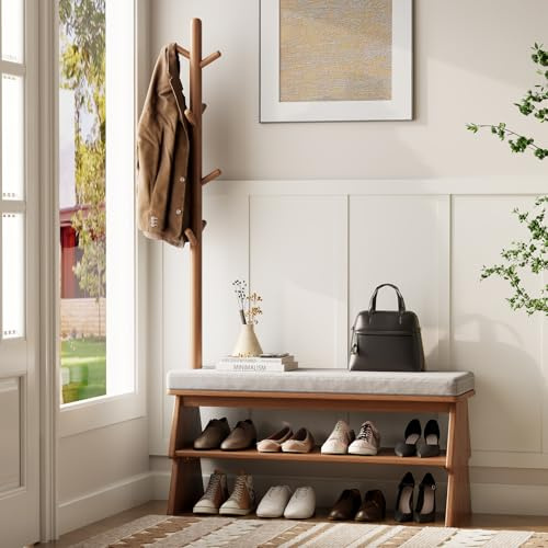 YQJJGL Coat Rack with Shoe Storage, Shoe Rack with8 Hook, Walnut | Rubber Wood Small Shoe Bench with High Resilience Foam Cushion, Shoe Organizer for Entryway,Hallway,Bedroom,Offices