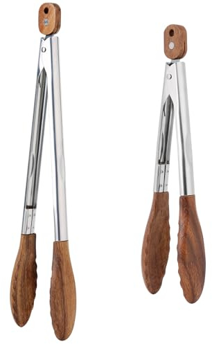 Kitchen Tongs Set - 9 & 12 Anti-Slip Long Wooden Cooking Tongs for BBQ, Grilling, Salad Tossing & Serving - Heat Resistant, Non-Stick Stainless Steel Handles with Hanging Hole