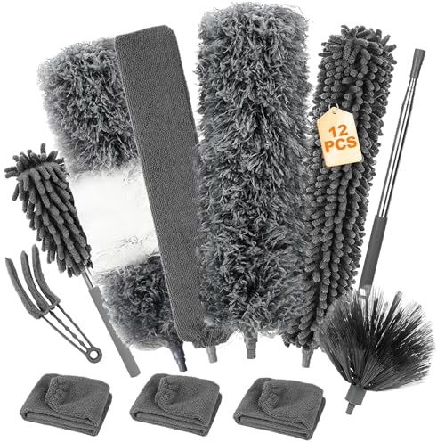 12 Pezzi Spolverino Telescopico, Spolverino per Polvere in Microfibra, Togli Ragnatele Allungabile 245 cm,Dump Duster Lavabile,Bastone Telescopico per Pulizia,Piumino per Spolverare Soffitti Ragnatele