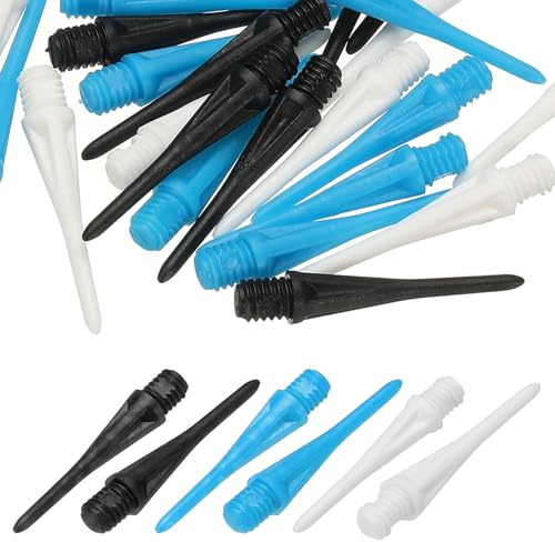 YELARXI Plastic Dart Tips, 2BA Thread Soft Tip Dart Points Replacement Dart Accessories- Fitting for (Electronic Dartboard/Practice/Home Entertainment) 30 Pack & Black/White/Blue