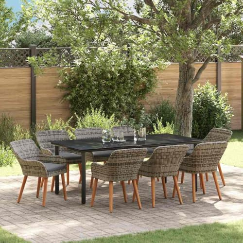Teenpull Garten Essgruppe mit Kissen 9-teilig, Grau Poly-Rattan, UV-beständig für Terrasse & Balkon – Modernes Outdoor Dining Set für 8 Personen