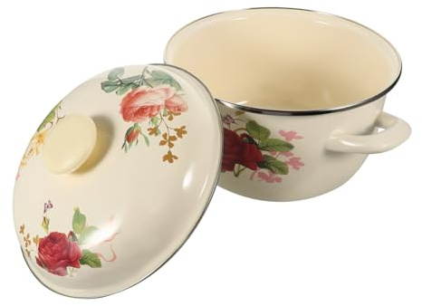 CIYODO Vintage Enamel Cooking Pot Double Handle Milk Pan with Lid Lightweight Multipurpose Stew and Soup Pot for Electric Induction Stoves Heat-Resistant Handles Chic Decorative Pattern