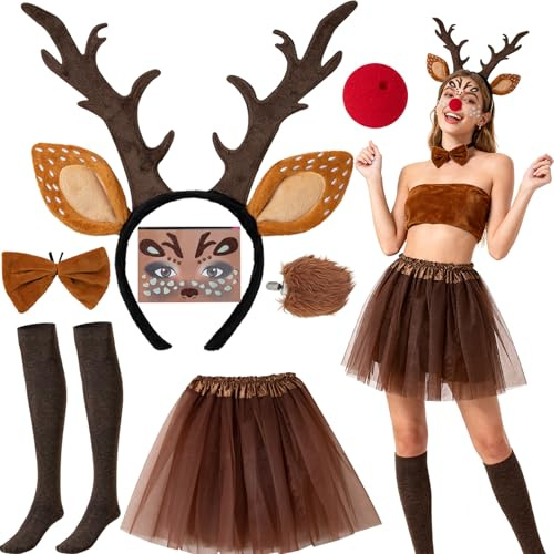 Dozesheep 8Pcs Women’s Reindeer Costume Adult, Christmas Dress Up for Women Deer Antlers Headband Brown Tutu Skirt, Christmas Outfits for Holiday Party, Deer Fancy Dress for Halloween Animal Costume