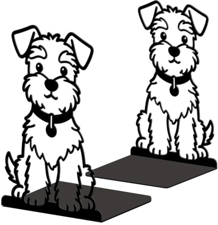 Peacoblue Buchstützen Metall,Schnauzer Hund Buchstütze Dekorativ für Bücher | 1 Paar 5.3x4.3x7.9 schwere Gusseisen Buchhalter, Stabile Buchstopper für Bücherregal, Schreibtisch, Büro und Wohnraum