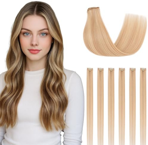 SEGOHAIR Clip in Extensions Echthaar, 6 Stücke Single Clip Highlights Hair Extension Glatt Haarverlängerung Natürlich für Frauen Damen Hellblond mit Gebleichtem Blond#18P613,35cm 36g