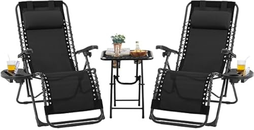 Yaheetech Set di 2 Sedie Sdraio da Giardino Zero Gravity e Tavolino con Portabicchieri, Set Sedie Pieghevoli con Poggiatesta, Portabicchieri, Pedale, Schienale Regolabile, Nero (Nero)