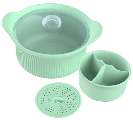 Ounfhtrttk Vaporera de Silicona para Microondas de 42 Oz, 3 Compartimentos, Grande, con Asa y Tapa, para Verduras y Comida para Bebés, Color Verde.